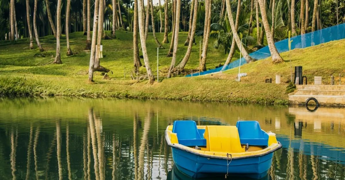 Rowboat floating on a calm lake surrounded by palm trees at Yellow Garden, Port Blair, offering a peaceful boating experience for visitors.