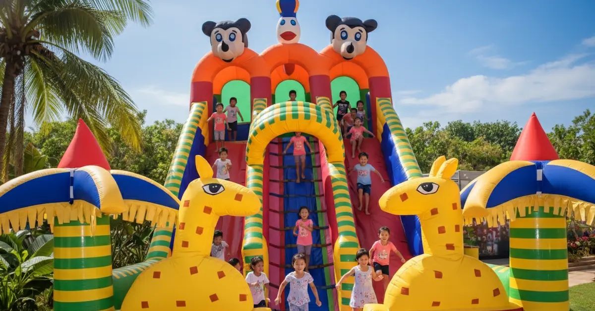 Children enjoying a colorful inflatable slide in the kids’ play zone at Yellow Garden Resort, Port Blair, making it a perfect family picnic destination.