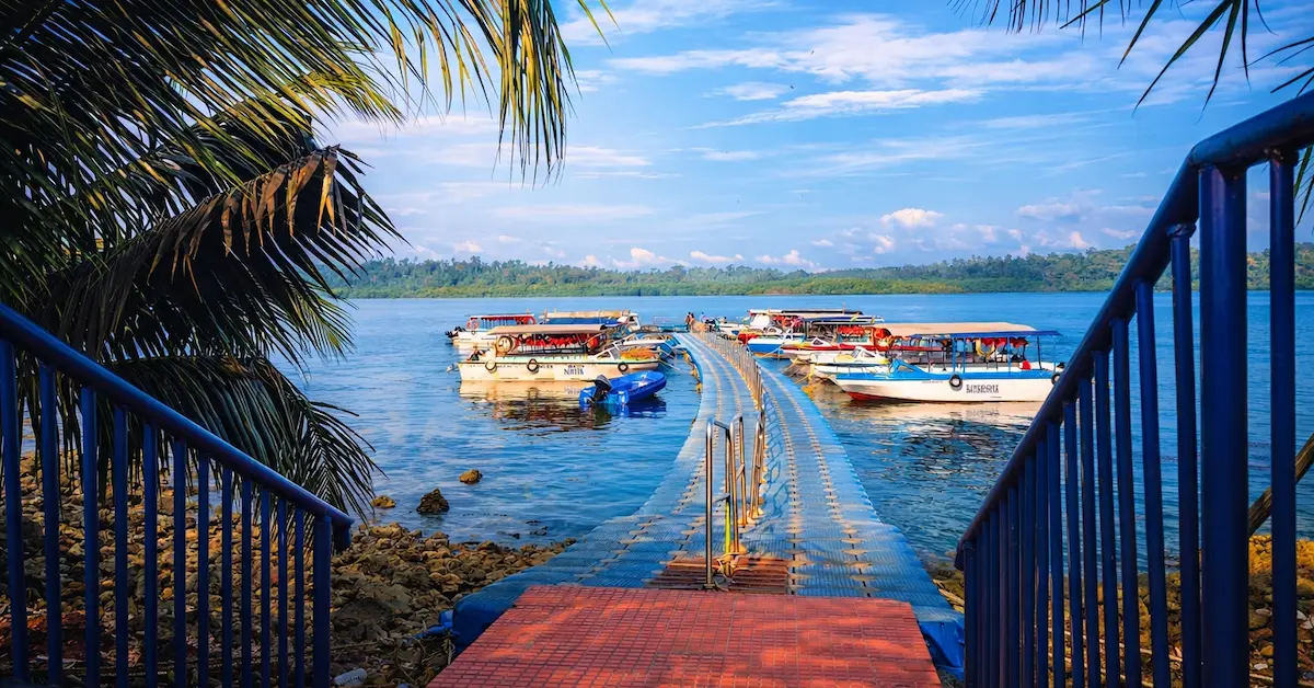 A scenic view of the floating jetty at Aerial Bay, Diglipur, leading toward Ross and Smith Islands. The image features a blue floating walkway surrounded by clear turquoise water with several tourist boats docked on both sides, framed by a tropical palm tree and a bright blue sky.