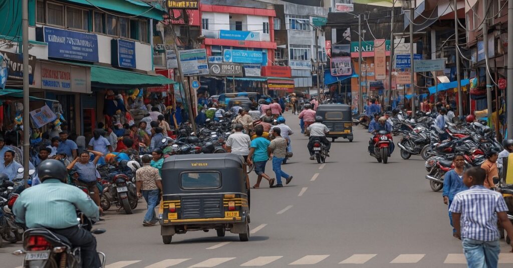 Busy street view of Aberdeen Bazar in Port Blair with shops on both sides, people walking, parked motorcycles, auto-rickshaws, and local traffic showing the lively market atmosphere of the city.