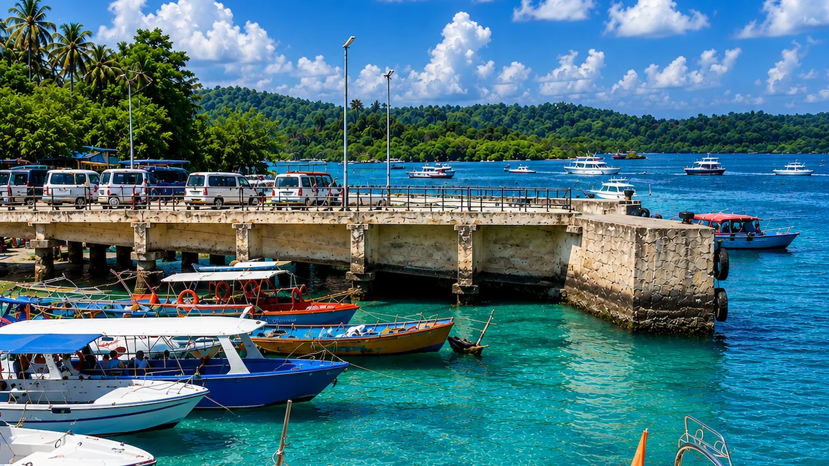 Havelock Jetty (Swaraj Dweep) with ferries arriving from Sri Vijaya Puram, Andaman Islands