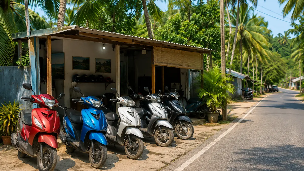 Scooter rental shop in Havelock Island (Swaraj Dweep), offering affordable bike rentals for tourists visiting Elephanta Beach and other attractions in the Andaman Islands.