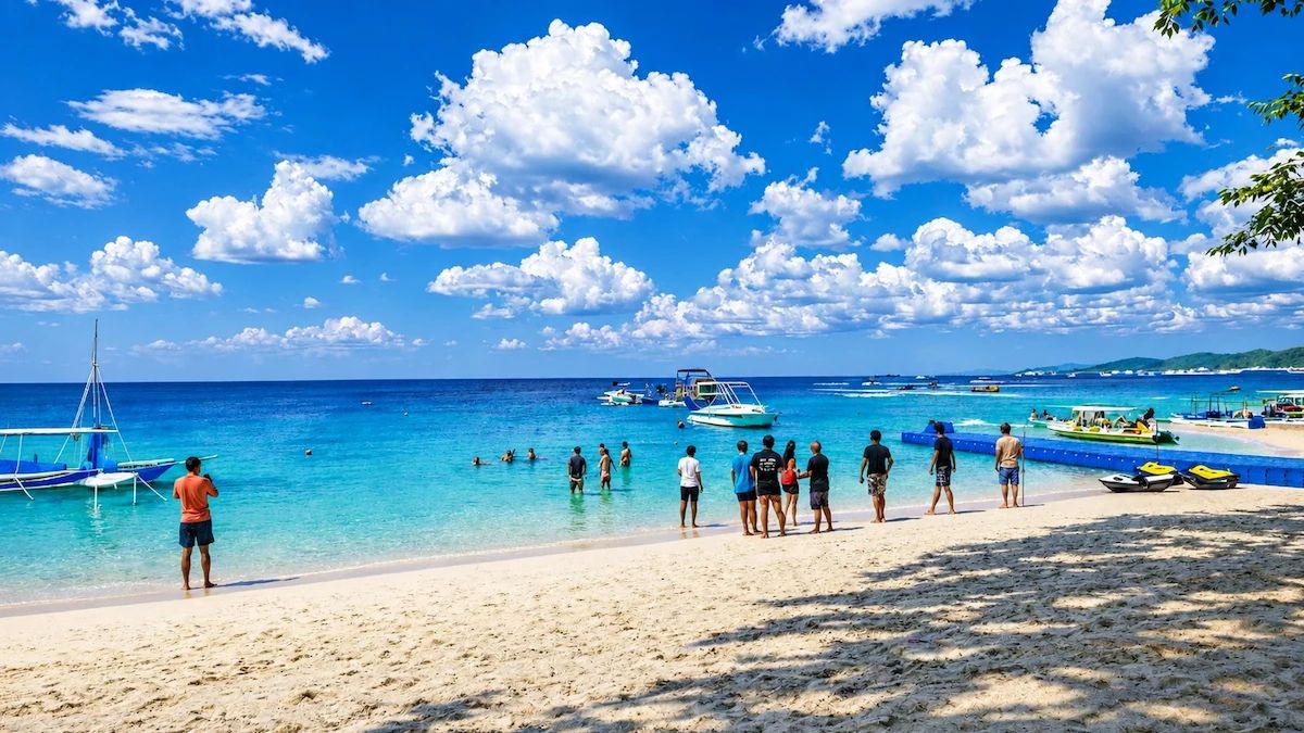 Tourists enjoying the crystal-clear water and water sports at Elephanta Beach on Havelock Island (Swaraj Dweep), Andaman Islands.