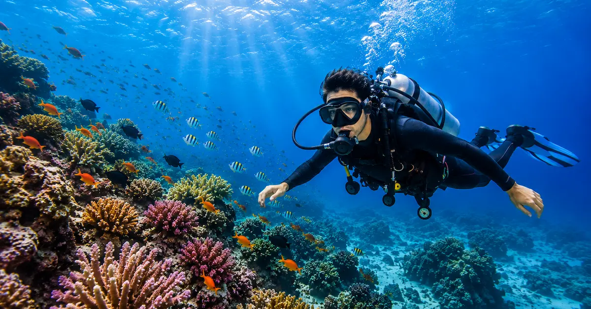 Scuba Diving in Andaman with a diver exploring colorful coral reefs and tropical marine life