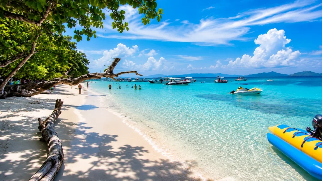 Elephanta Beach in Havelock Island featuring crystal-clear turquoise water, white sandy beach, and visible coral reefs in the Andaman Islands.