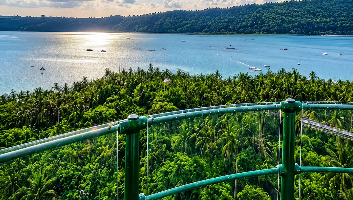 Panoromic view from North Bay Island Andaman lighthouse balcony looking over dense green coconut palm trees, clear blue sea with boats, and distant hills during golden sunset hours.
