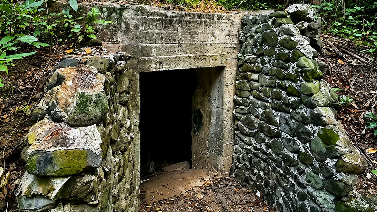 A historic World War II Japanese bunker on North Bay Island Andaman, located at a walking distance from the lighthouse, featuring a concrete entrance flanked by stone walls in the jungle.