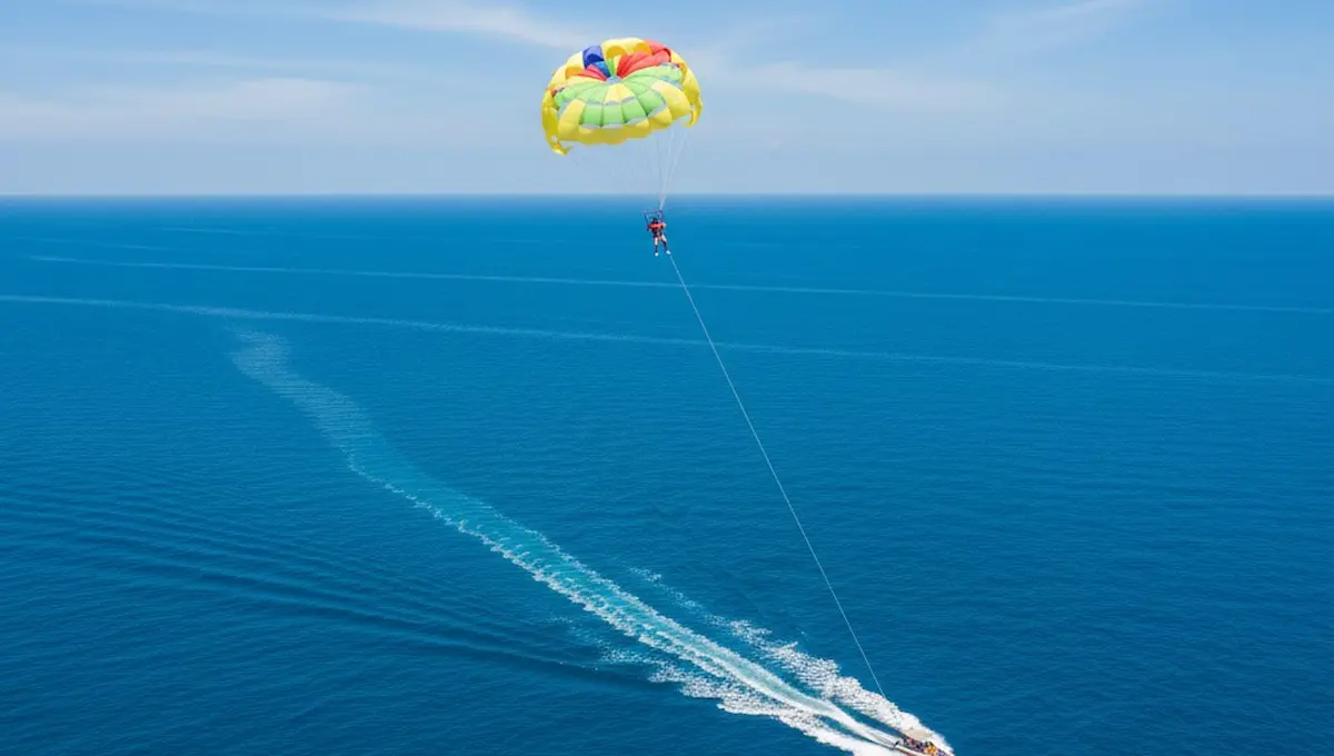 Vibrant colorful parasail over deep blue water with a speedboat at North Bay Island, Andaman.