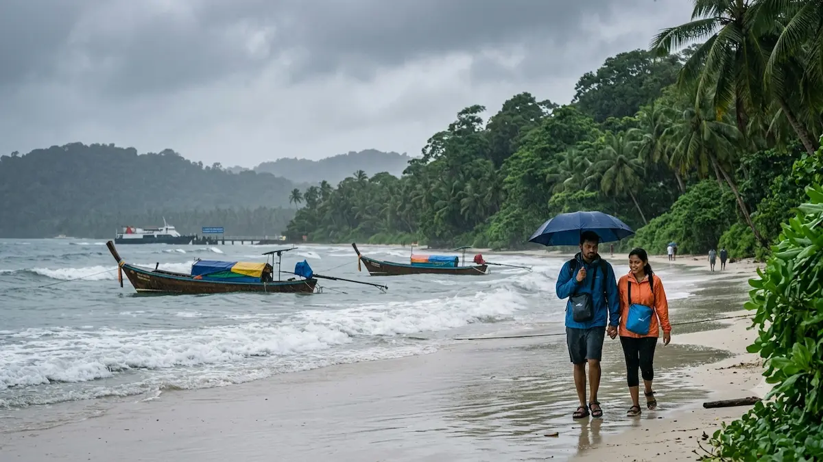Couple using an umbrella on a rainy beach during the best time to visit Andaman to see the lush monsoon.