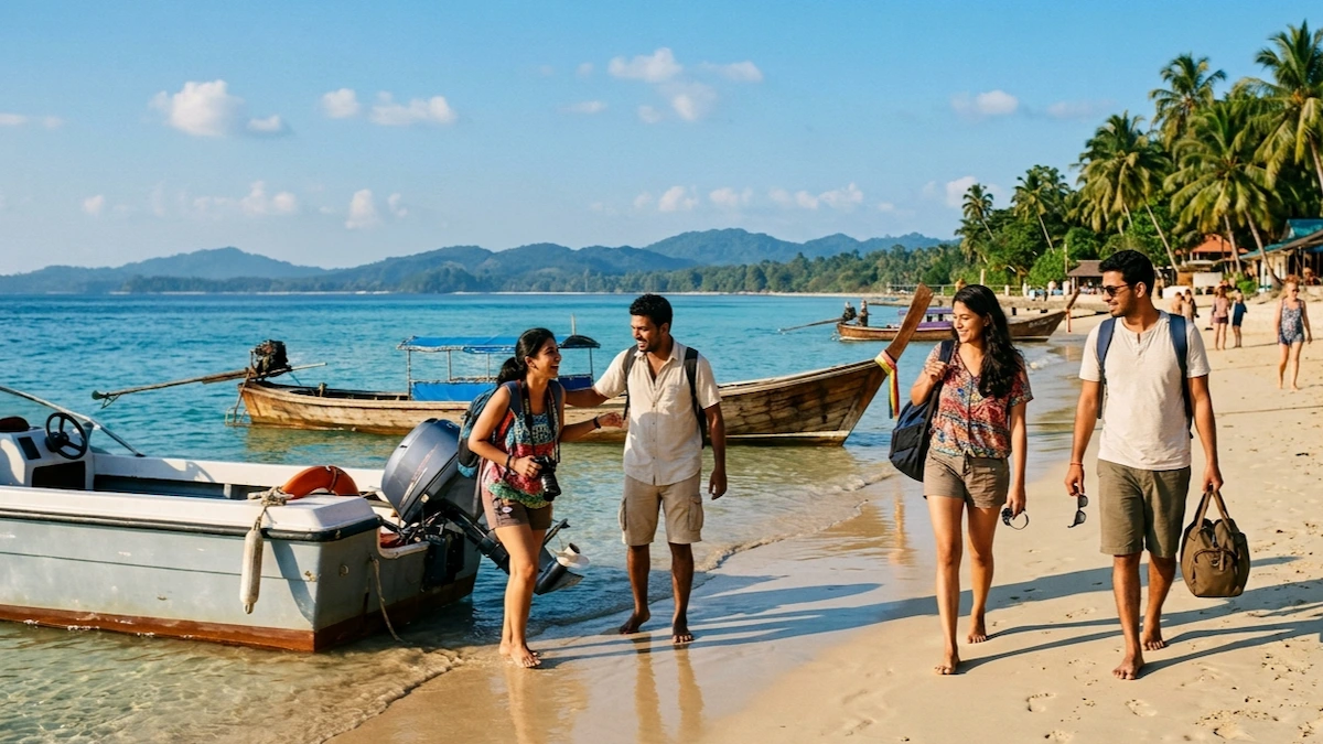 Indian travelers walking on Havelock beach during the best time to visit Andaman from November to April.