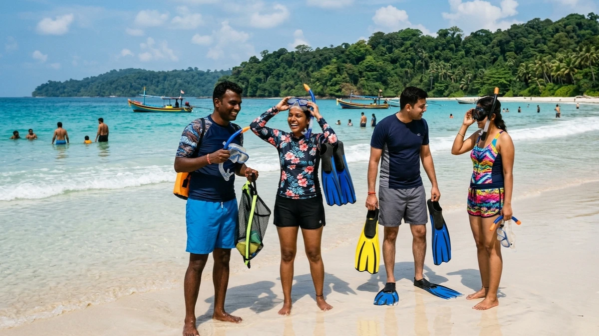 Best time to visit Andaman for water activities like snorkeling, featuring Indian tourists on a clear sunny beach.