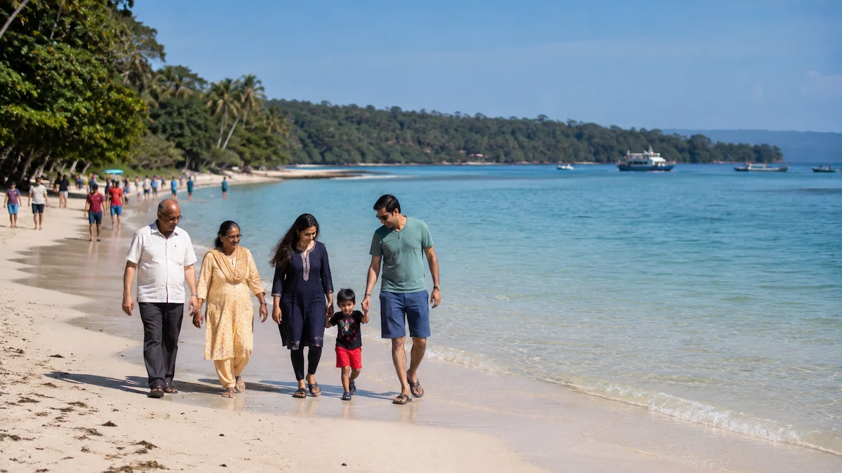 A family enjoying a peaceful walk along a beautiful Andaman beach with clear blue water and pleasant weather during the best time to visit Andaman.