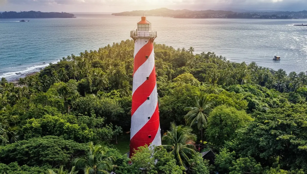 Aerial view of the iconic red and white striped North Bay Island Lighthouse surrounded by dense green forest and ocean, Andaman.