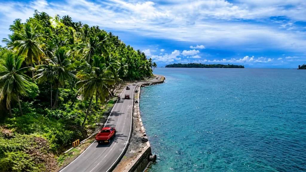A scenic coastal road leading towards North Bay Island Andaman view point, featuring a red truck driving on a seaside highway flanked by lush green palm trees and turquoise ocean water under a blue sky.