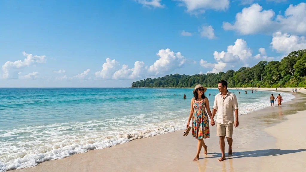 Couple walking on a beautiful Andaman beach under a clear blue sky, showing the best time to visit Andaman with pleasant weather and calm sea conditions.