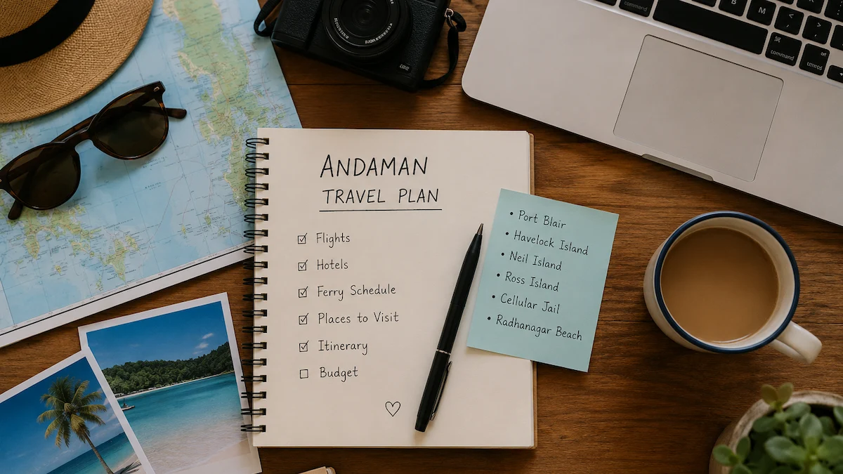 Andaman Travel Planning essentials including itinerary, ferry information, travel checklist, map, camera, and laptop for planning a perfect Andaman trip.