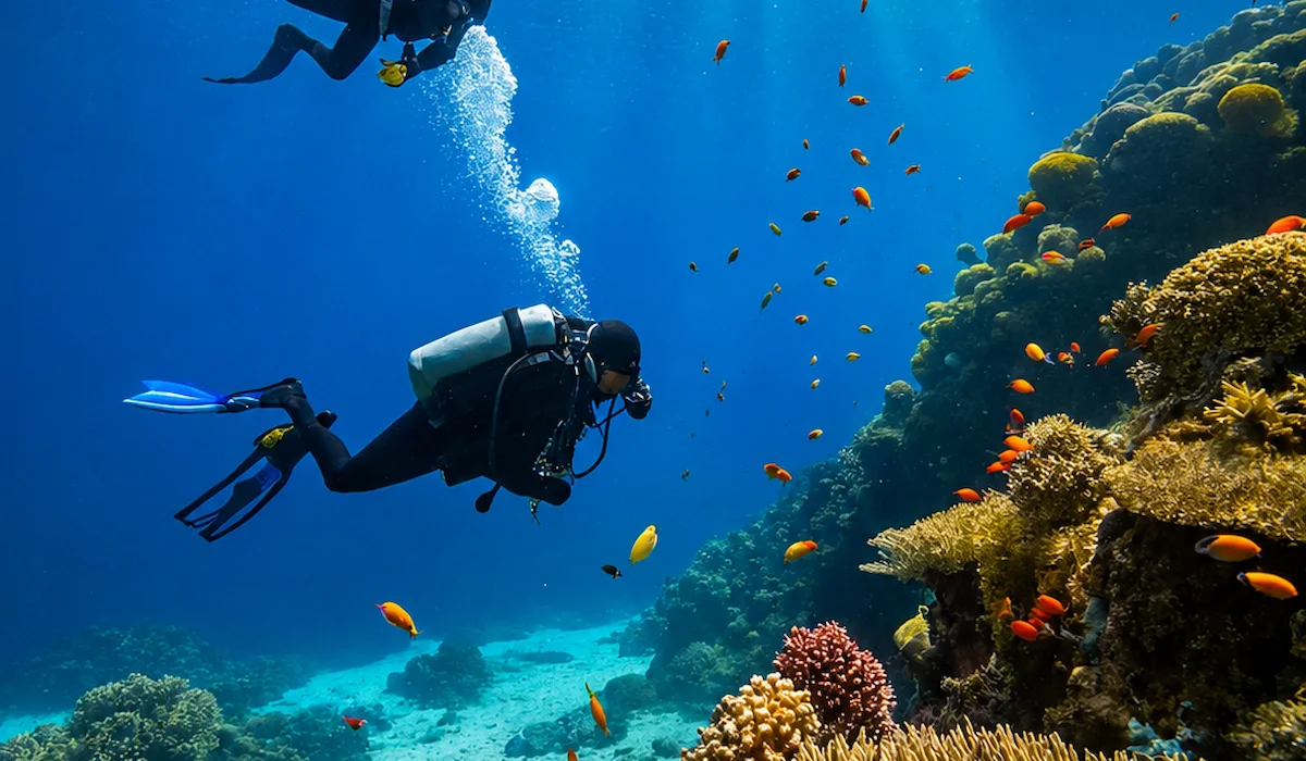 A scuba diver exploring vibrant coral reefs and colorful fish during scuba diving at North Bay Island, Andaman.