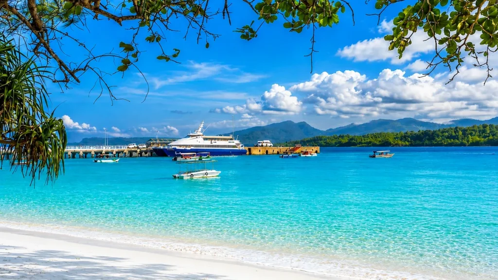 Neil Island: The Perfect Escape from Crowded Island Life Crystal-clear turquoise sea, white sandy beach, lush green trees, and a ferry at Bharatpur Beach, Neil Island (Shaheed Dweep), Andaman and Nicobar Islands.