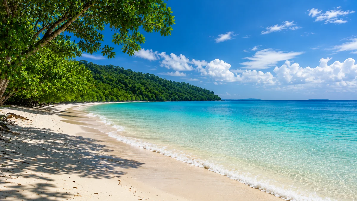 Havelock Island beach with crystal-clear turquoise water, white sand and lush tropical forest in the Andaman Islands.