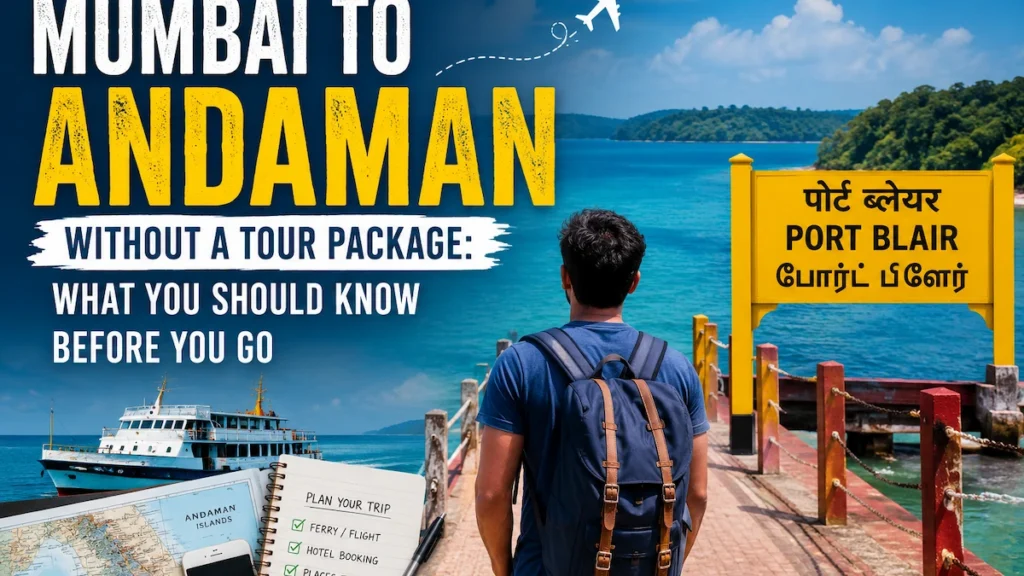 Mumbai to Andaman Without a Tour Package – solo traveler arriving at Veer Savarkar International Airport in Port Blair for an independent Andaman trip.