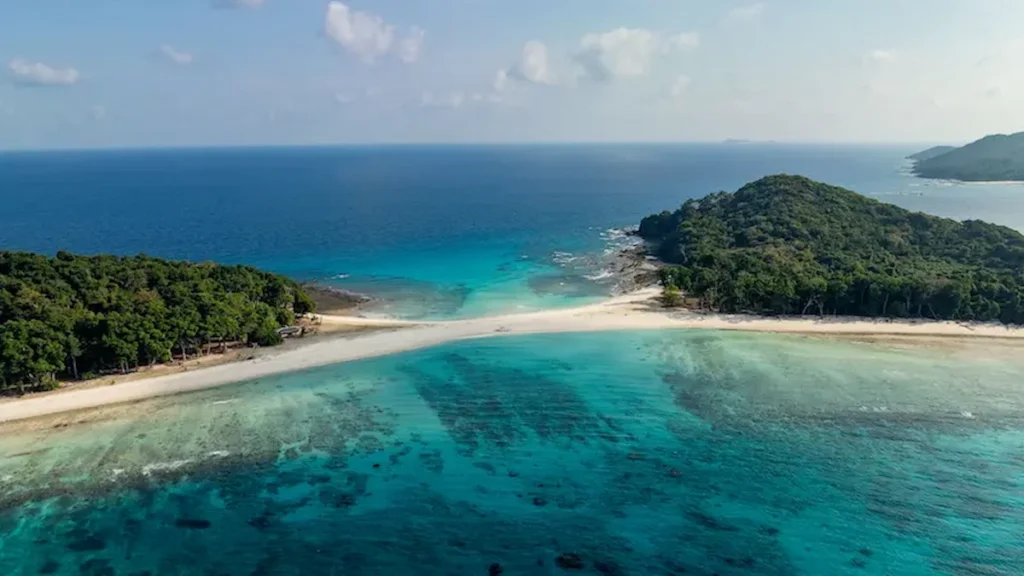 Ross and Smith Island: The Twin Paradise You Won't Believe Exists Ross and Smith Island aerial view showing the famous natural sandbar connecting the twin islands in Diglipur, Andaman Islands.