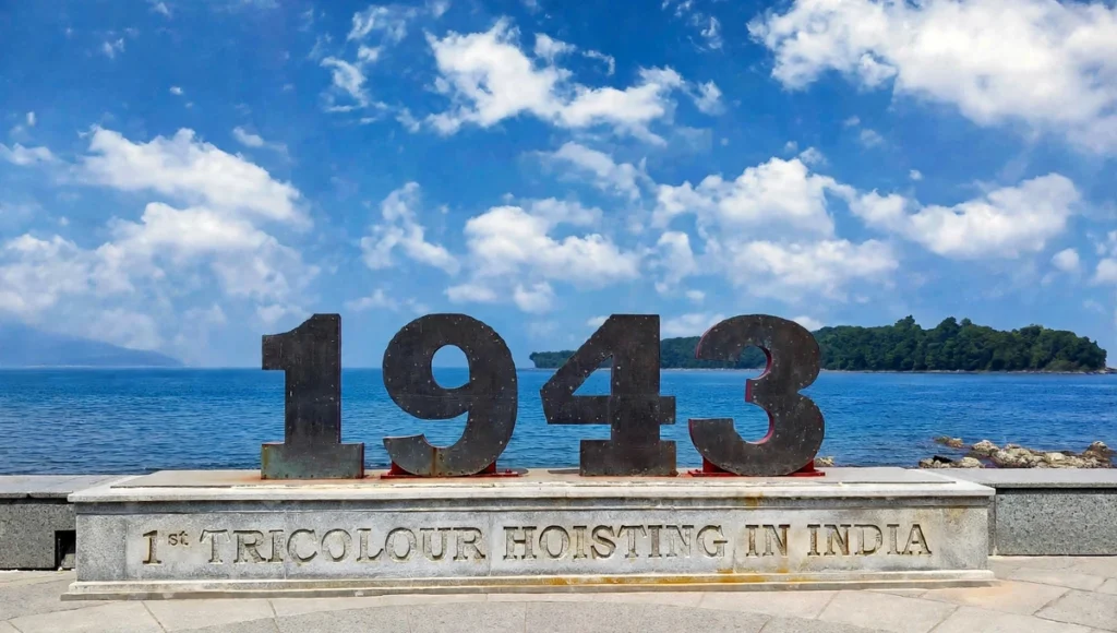 Flag Point Port Blair 1943 first tricolour hoisting monument built at Flag Point Port Blair with blue sea and Ross Island view Andaman.