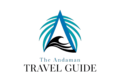 The Andaman Travel Guide Logo - Letter A made with ocean blue palm leaves and black sea wave representing Andaman Islands
