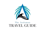 The Andaman Travel Guide Logo - Letter A made with ocean blue palm leaves and black sea wave representing Andaman Islands