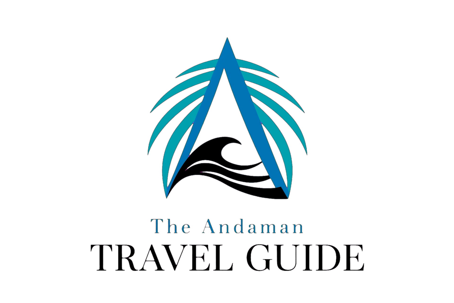 The Andaman Travel Guide Logo - Letter A made with ocean blue palm leaves and black sea wave representing Andaman Islands