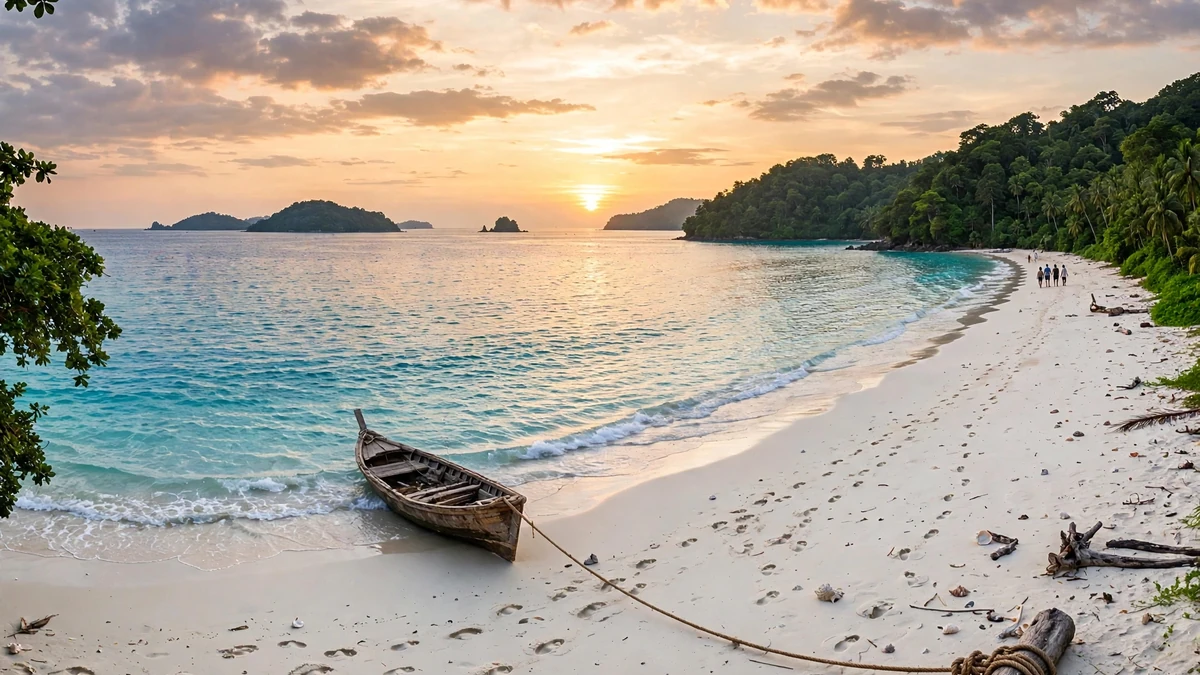 Pristine white sandy beach with wooden boat at sunset on the best Islands in Andaman.