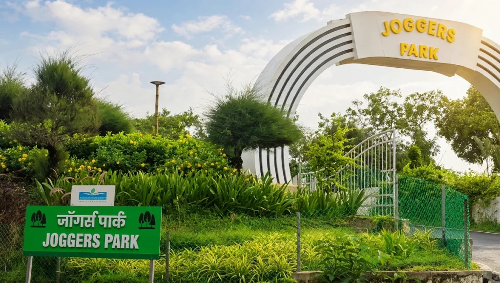 Beautiful view of Joggers Park entrance with topiary trees and PARK text art made from trimmed plants behind a fence.