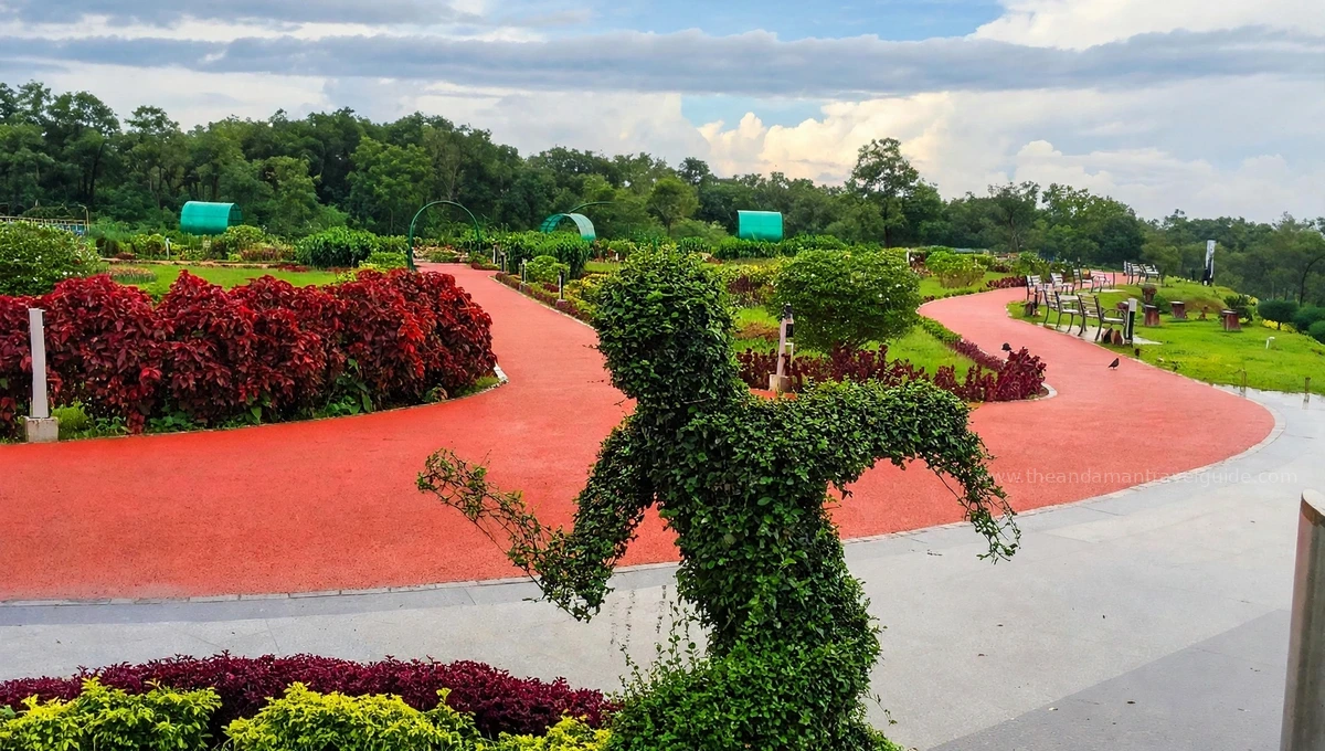 Joggers Park Port Blair - Beautiful red jogging track with green topiary sculpture and lush gardens in Andaman.