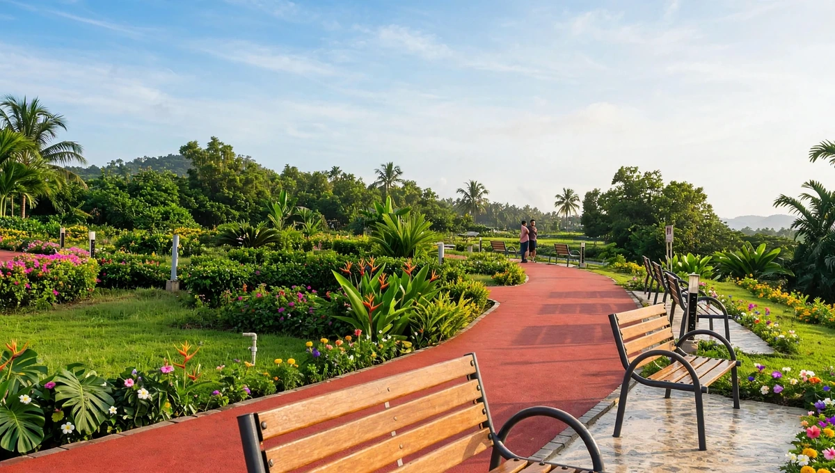 Beautiful Joggers Park red walking track with wooden benches, colorful flowers and lush green garden in morning light.