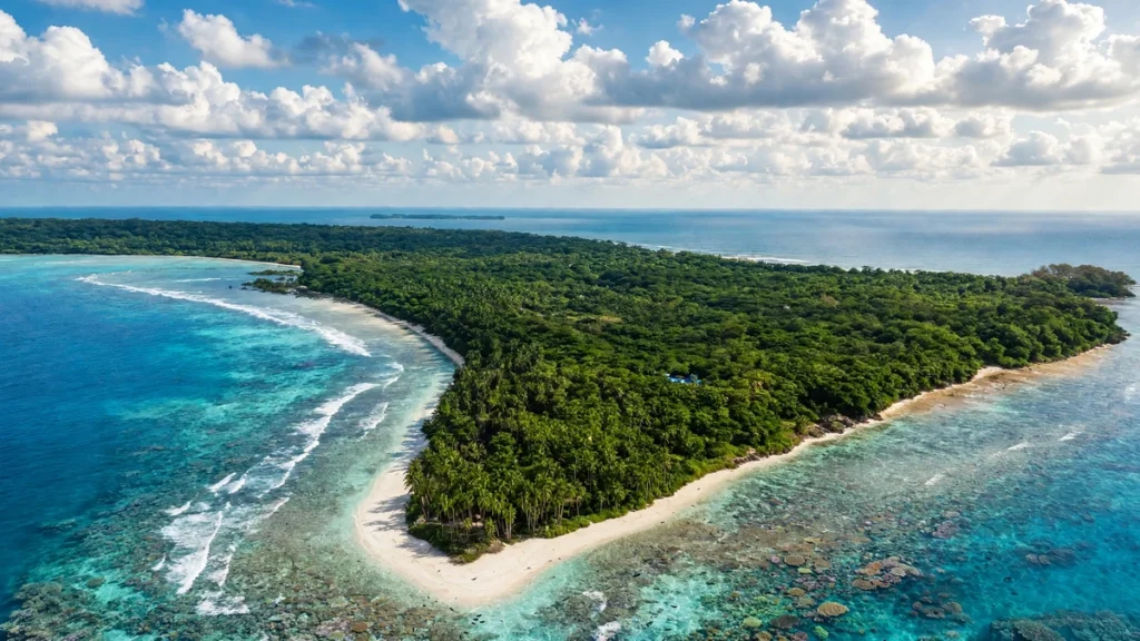 Neil Island: The Perfect Escape from Crowded Island Life Aerial drone view of Neil Island Shaheed Dweep in Andaman Islands showing white sandy beach at the island tip, lush green tropical forest and clear turquoise blue ocean water.