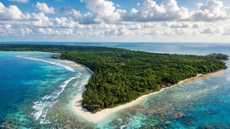 Aerial drone view of Neil Island Shaheed Dweep in Andaman Islands showing white sandy beach at the island tip, lush green tropical forest and clear turquoise blue ocean water.