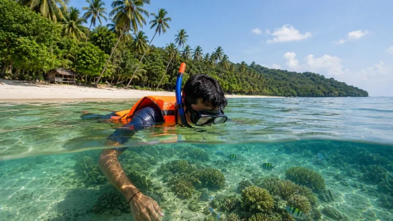 Indian tourist snorkeling in crystal clear water of Andaman Islands seeing colorful coral reefs and tropical fish near palm-fringed white sandy beach.