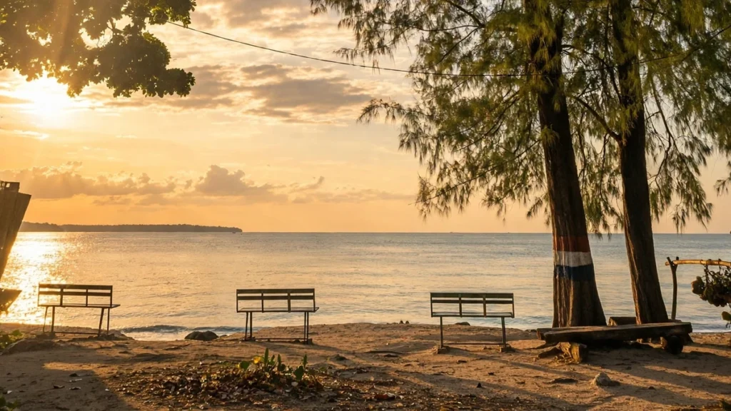 Golden sunset at Wandoor Beach in South Andaman with benches under coastal trees overlooking the calm sea and peaceful shoreline.