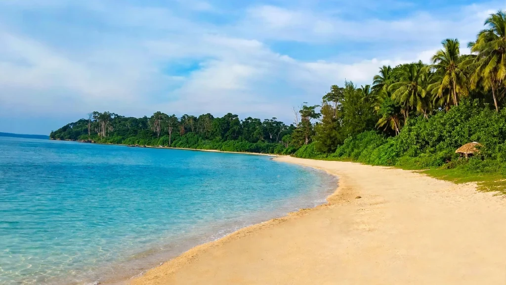 Empty pristine sandy beach at Wandoor Beach, Port Blair, Andaman Islands with turquoise blue sea water, white sand, green coconut trees and lush forest in background.